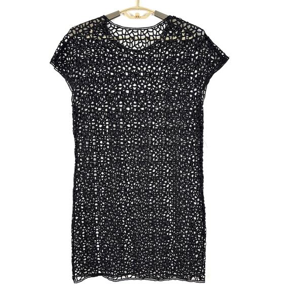 Crochet Mesh Overlay Dress Black short sleeve NO TAGS M/L whimsigoth grunge - Picture 2 of 4